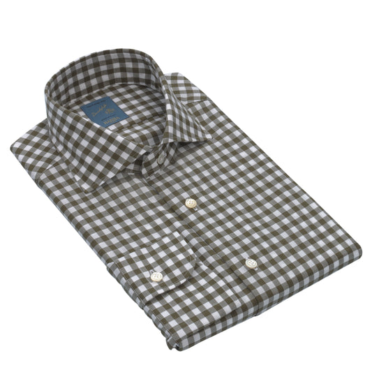 "Dandy Life" Gingham-Check Cotton Shirt in Olive Green and White