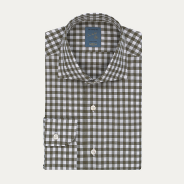 "Dandy Life" Gingham-Check Cotton Shirt in Olive Green and White