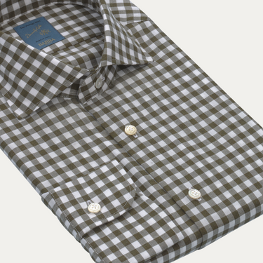 "Dandy Life" Gingham-Check Cotton Shirt in Olive Green and White