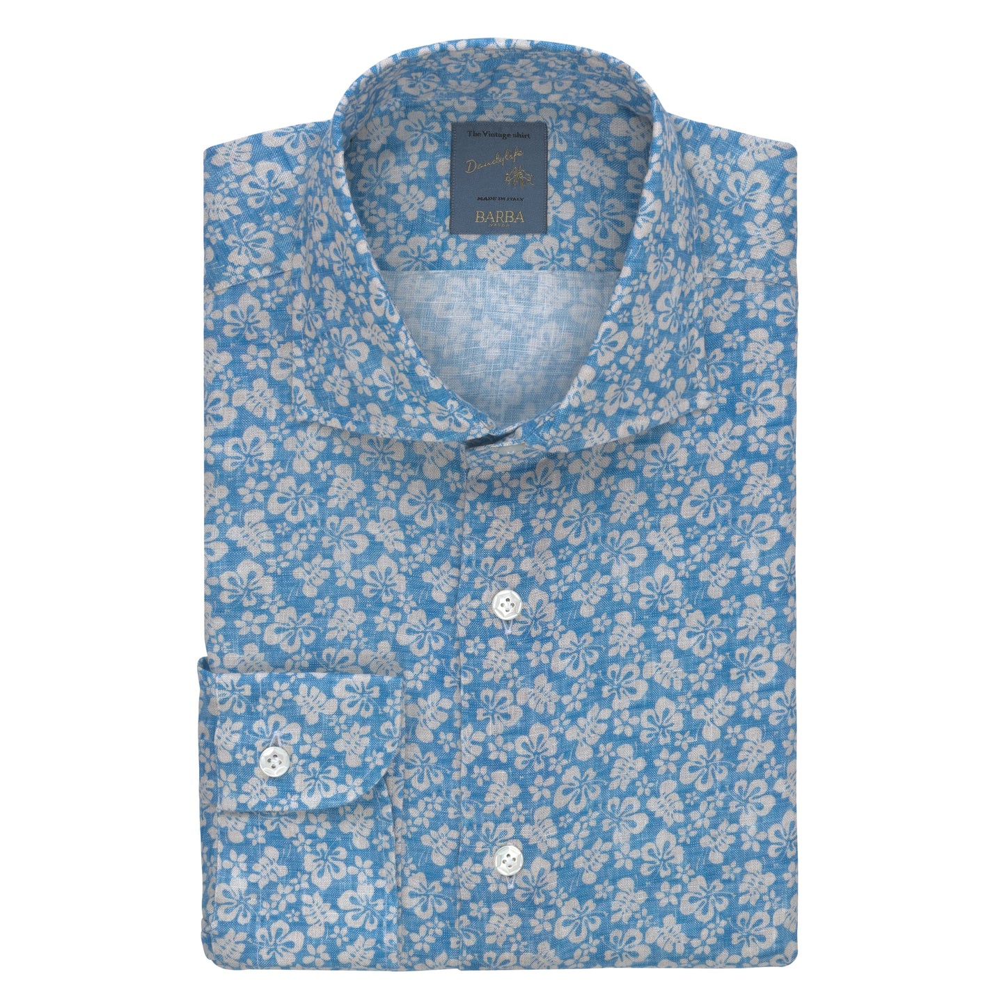 Linen Shirt with Floral Print in Blue and White