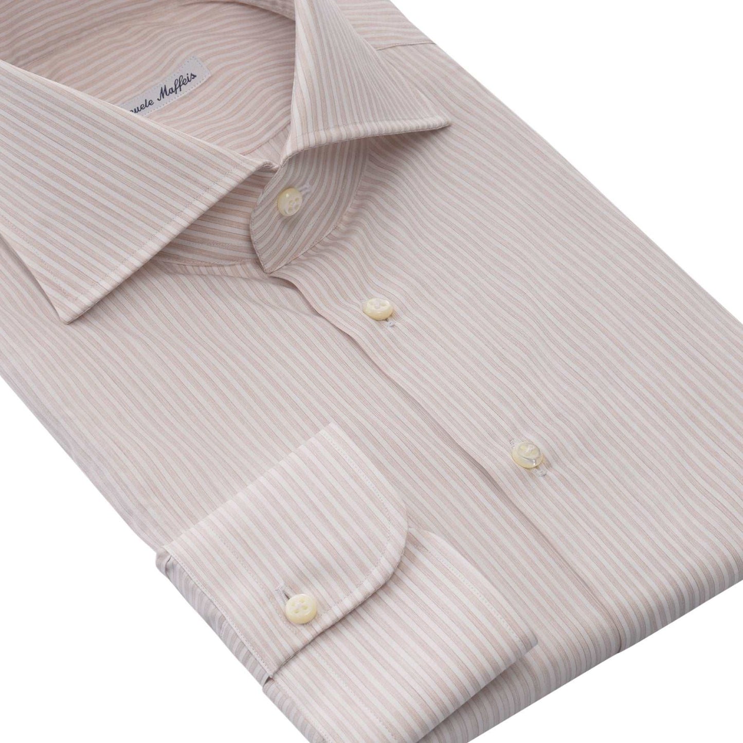 Emanuele Maffeis Bengal-Stripe Cotton Beige Shirt with Cutaway Collar - SARTALE