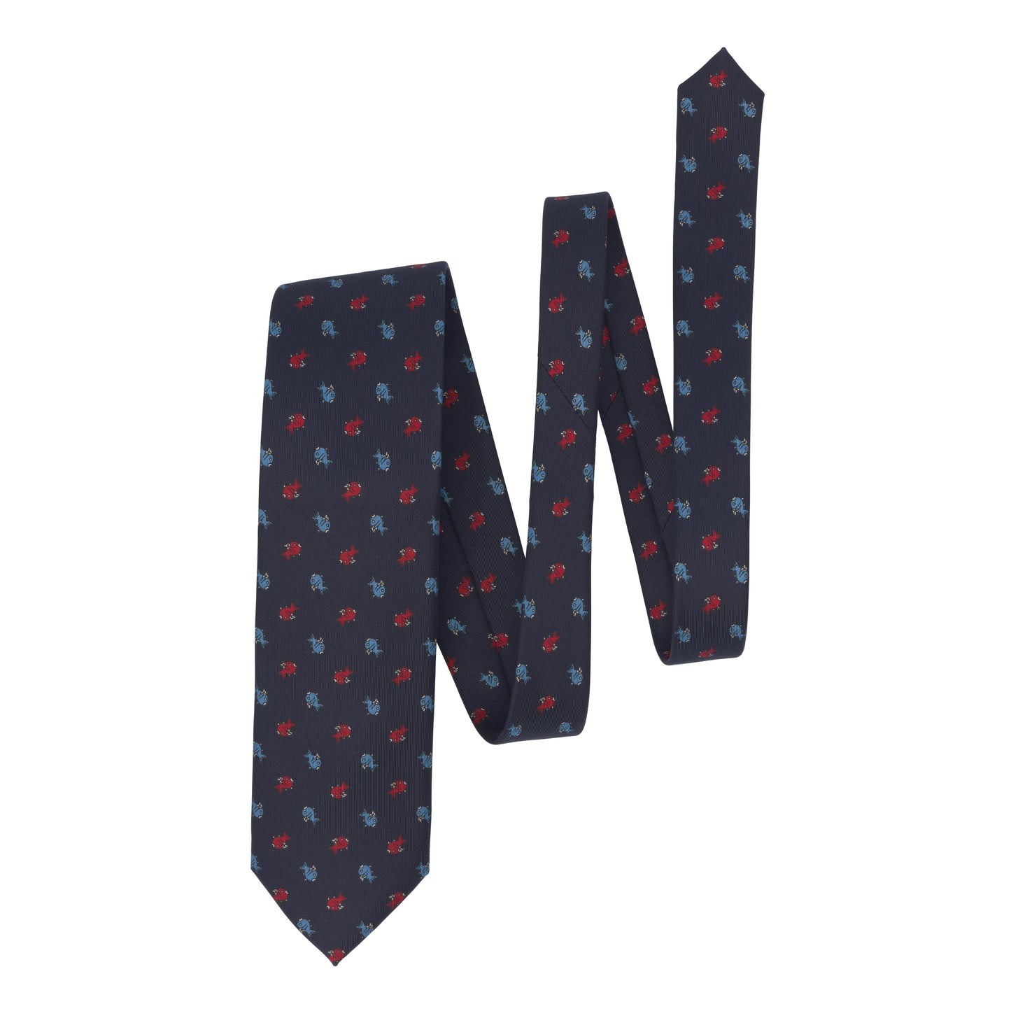 Fish Printed Silk Tie in Navy Blue