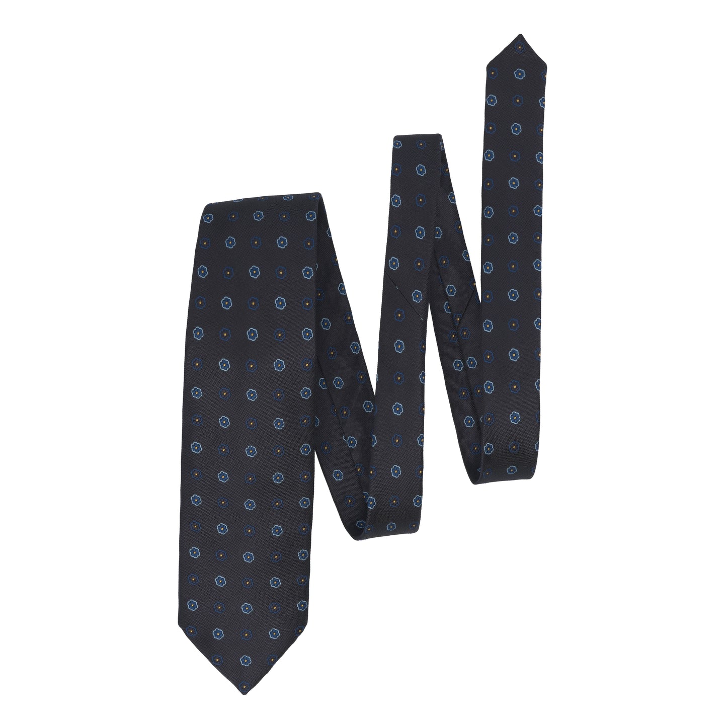 Flower Embroidered Silk Tie in Dark Blue