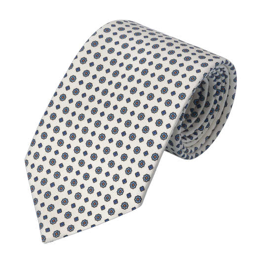 Blue Flower Printed Silk Tie in White