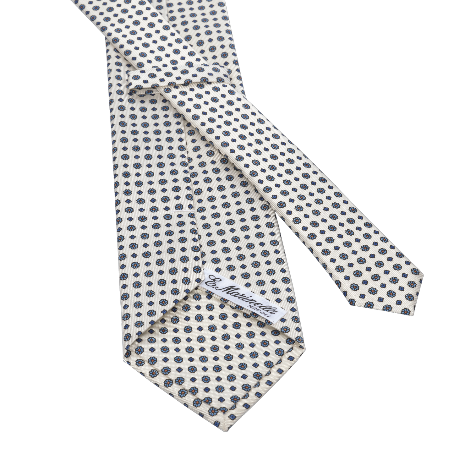 Blue Flower Printed Silk Tie in White