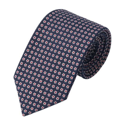 Flower Embroidered Silk Tie in Navy Blue