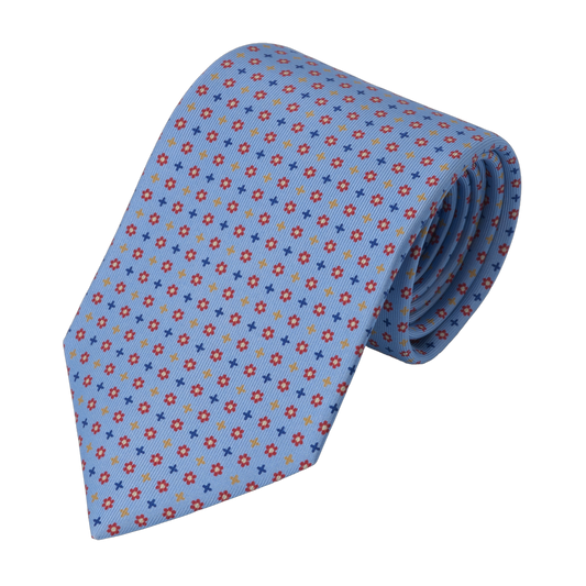 Flower Printed Self-Tipped Silk Tie in Sky Blue