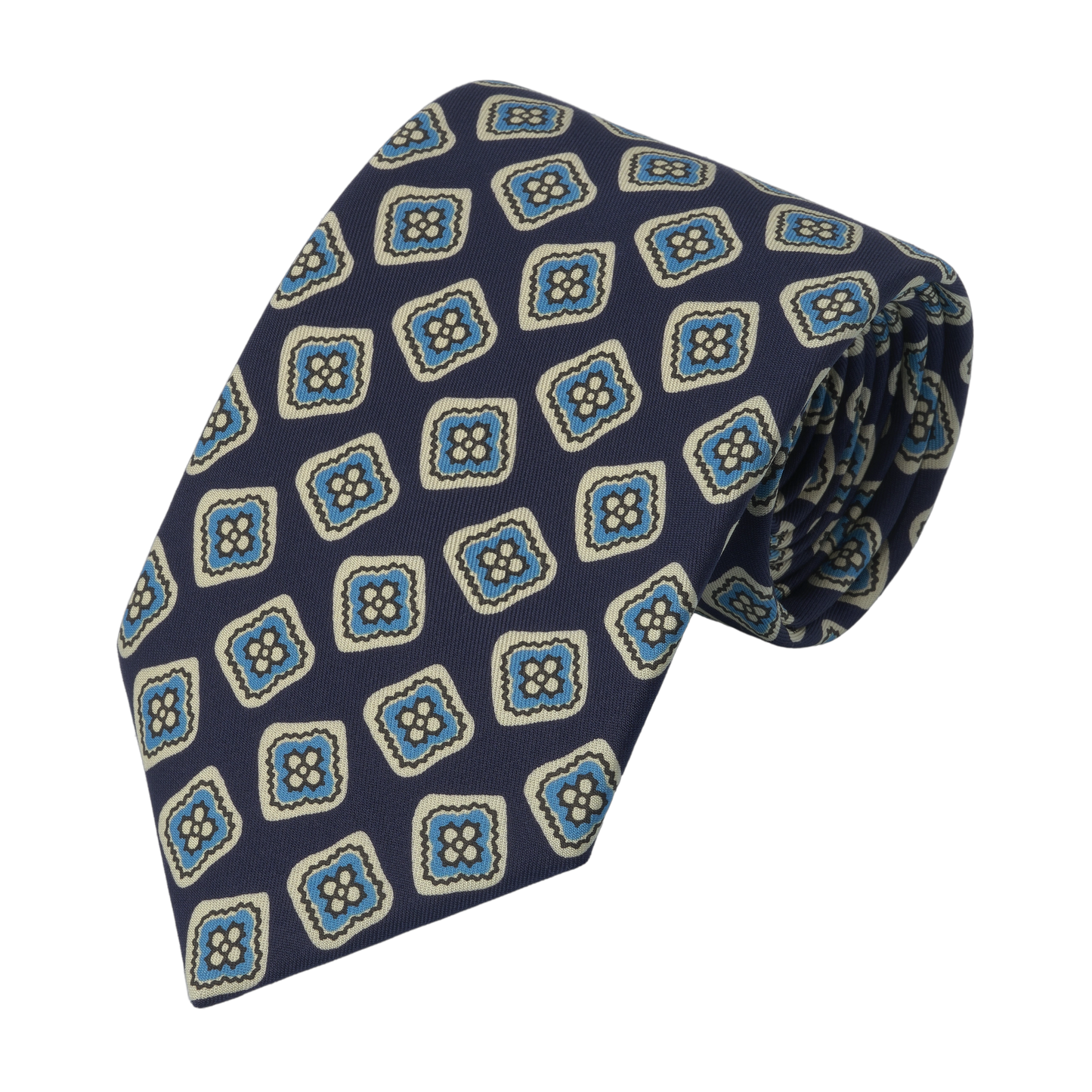 Flower Printed Silk Tie in Dark Blue