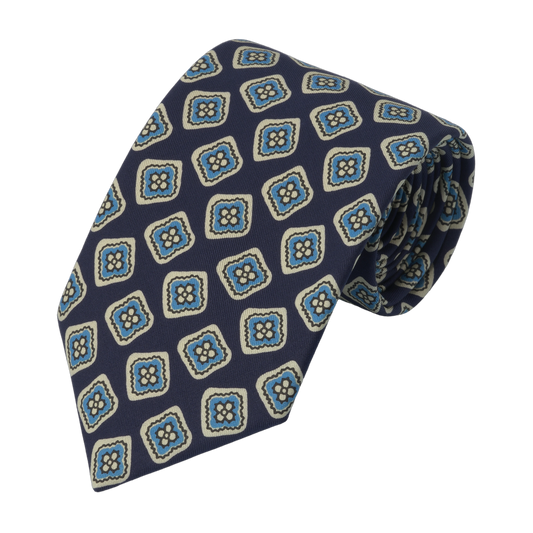 Flower Printed Silk Tie in Dark Blue