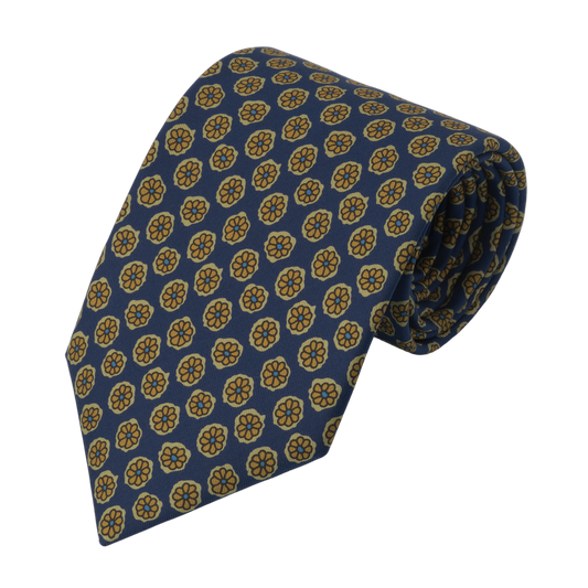 Yellow Flower Printed Silk Tie in Dark Blue