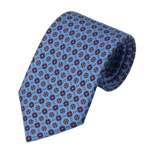 Flower-Printed Silk Tie in Sky Blue