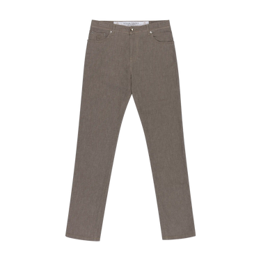 Front view of Richard J. Brown Regular-Fit 5 Pocket Jeans in Brown Melange, showcasing clean tailoring and premium denim finish.