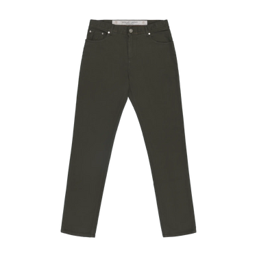 Front view of Richard J. Brown Regular-Fit 5 Pocket Jeans in Dark Green, featuring classic straight-leg cut and five-pocket design.