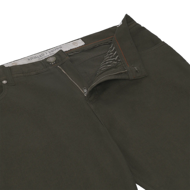 Close-up of front zipper and waistband of Richard J. Brown Regular-Fit 5 Pocket Jeans in Dark Green, highlighting premium stitching.