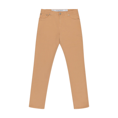 Front view of Richard J. Brown regular-fit 5 pocket jeans in peach, featuring a clean silhouette and premium summer-ready fabric.