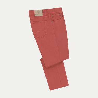 Richard J. Brown regular-fit 5 pocket jeans in red coral with rear logo patch, ideal for summer wear from SARTALE.