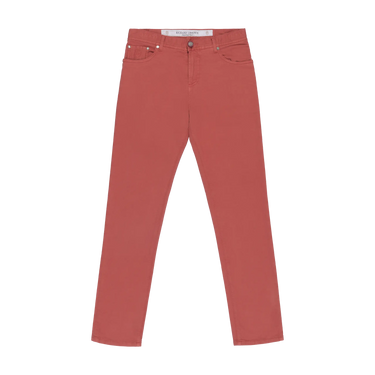 Front view of Richard J. Brown red coral regular-fit jeans featuring classic 5-pocket design, available at SARTALE.