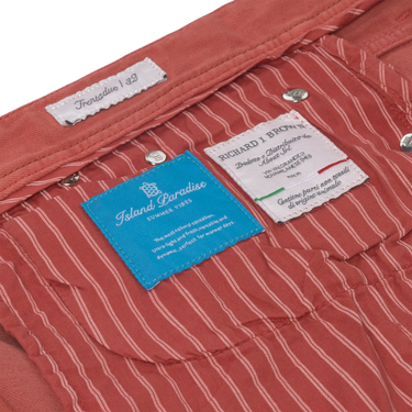 Interior label view of Richard J. Brown red coral jeans with Island Paradise lining and premium branding details.