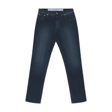 Front view of Richard J. Brown Regular-Fit 5 Pocket Denim Jeans in Dark Blue, showcasing a timeless straight-leg silhouette for versatile styling.