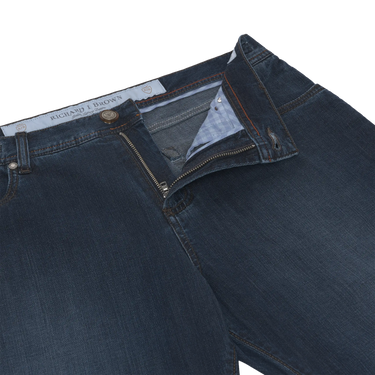 Close-up of front zipper and waistband on Richard J. Brown Regular-Fit 5 Pocket Denim Jeans in Dark Blue, highlighting premium stitching and button detail.