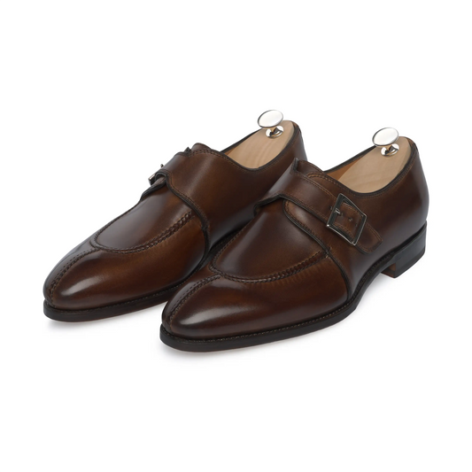 Bontoni 'Magnifico Single-Monk' loafer in chocolate brown with hand-stitched split-toe apron, elegant leather finish for luxury footwear lovers.