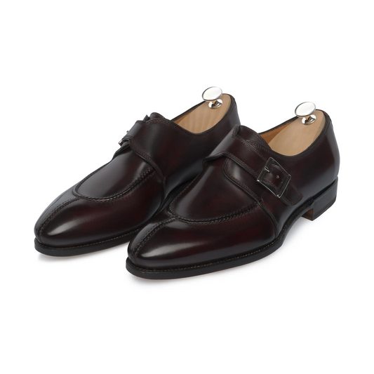 Bontoni 'Magnifico Single-Monk' loafer in burgundy with hand-stitched split-toe apron, elegant leather finish and silver buckle. Ideal for formal wear.