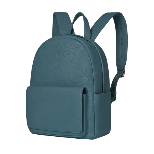Classic Backpack in Baltic Blue by Michael Jonathan with minimalist front pocket and premium textured leather, ideal for everyday use.