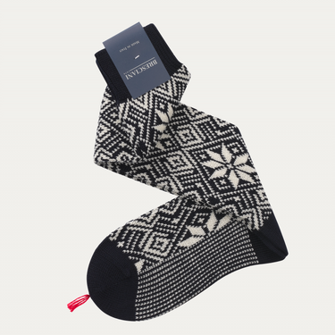 Printed Wool-Blend Extra Long Socks in Dark Blue and White