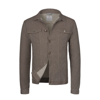Richard J. Brown denim cotton jacket in brown melange with front button closure and chest pockets, ideal for mid-season outerwear.