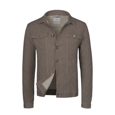 Richard J. Brown denim cotton jacket in brown melange with front button closure and chest pockets, ideal for mid-season outerwear.