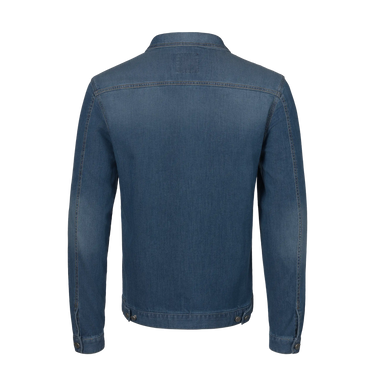Back view of Richard J. Brown denim jacket in cotton-blend fabric, showcasing clean stitching and classic slim-fit design.
