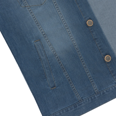 Close-up of Richard J. Brown denim jacket front panel highlighting side pocket detail and premium stitching craftsmanship.