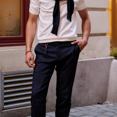 Cashmere-Linen Blend Trousers in Indigo Blue Melange