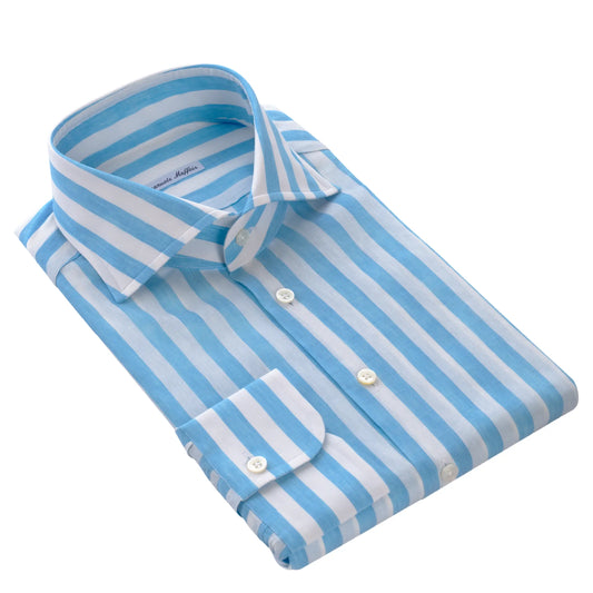 Striped Cotton-Linen Blend Shirt in White and Sky Blue