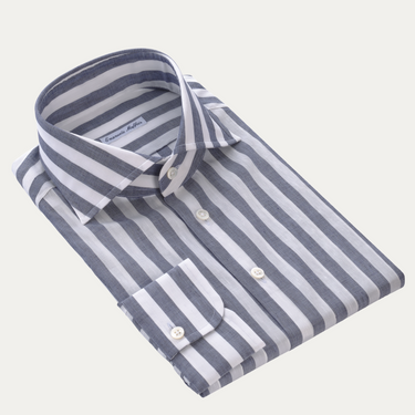 Striped Cotton-Linen Blend Shirt in White and Blue