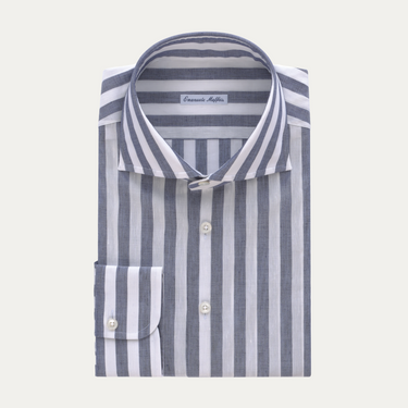Striped Cotton-Linen Blend Shirt in White and Blue