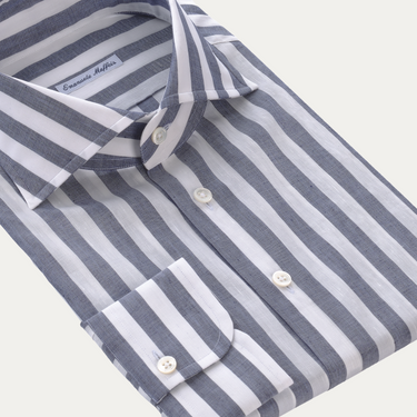 Striped Cotton-Linen Blend Shirt in White and Blue