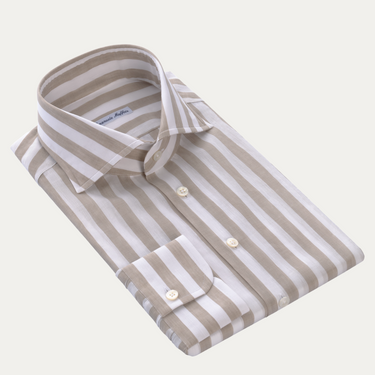 Striped Cotton-Linen Blend Shirt in White and Beige