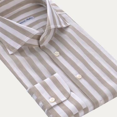 Striped Cotton-Linen Blend Shirt in White and Beige