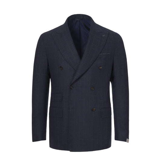 Zweireihiger Anzug aus karierter Wolle in Blau und Braun. Exklusiv für Sartale hergestellt