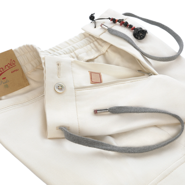Virgin Wool-Silk Blend Drawstring Trousers in Cream