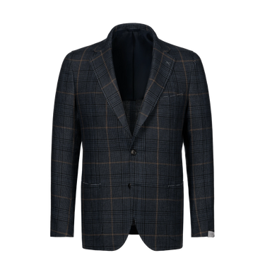Single-Breasted Linen Checked Jacket in Blue and Light Brown
