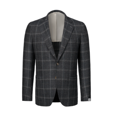 Single-Breasted Wool-Linen Checked Jacket in Grey