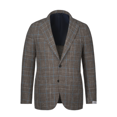 Single-Breasted Wool-Linen Checked Jacket in Brown and Light Blue