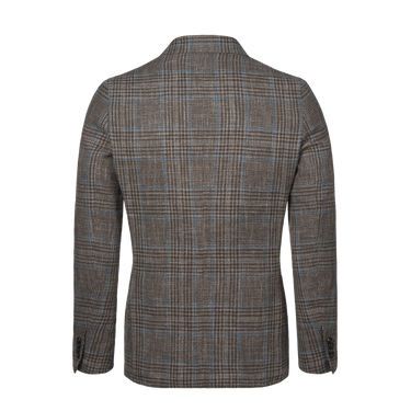 Single-Breasted Wool-Linen Checked Jacket in Brown and Light Blue