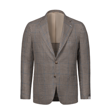 Single-Breasted Wool-Linen Checked Jacket in Brown and Light Blue