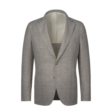 Single-Breasted Wool-Silk-Linen Checked Jacket in Light Grey