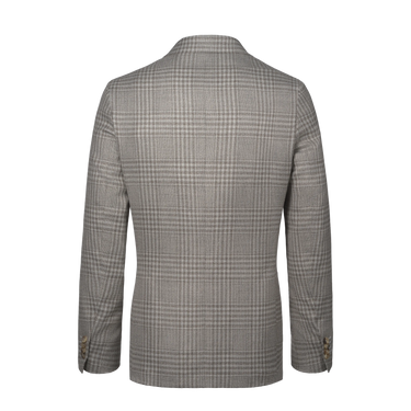 Single-Breasted Wool-Silk-Linen Checked Jacket in Light Grey