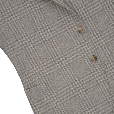 Single-Breasted Wool-Silk-Linen Checked Jacket in Light Grey