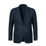 Single-Breasted Wool-Silk-Linen Checked Jacket in Blue